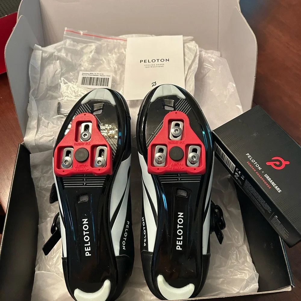 Peloton Bike Shoes & Headphones- Black with Red and White Accents - Picture 3 of 3